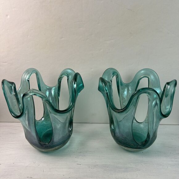 Handblown Polish Art Glass Aqua w/ Gold Avventurina Candle Holder Sculpture Pair - Picture 1 of 12